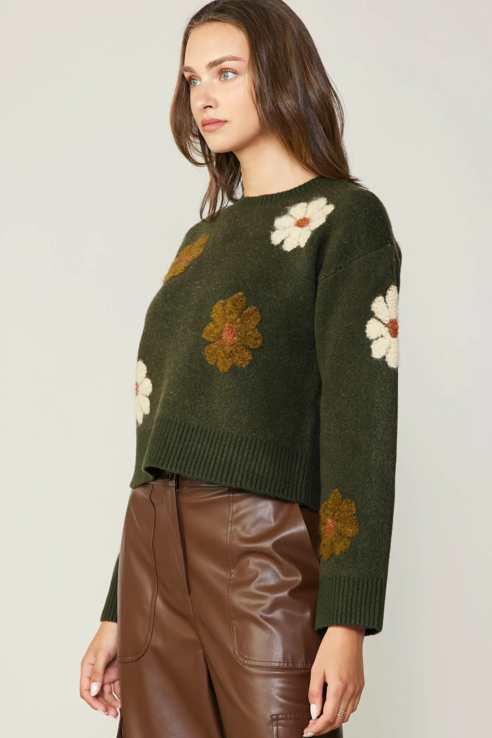 Current Air Knitwear | Sweaters-Daisy Embroidered Sweater KHAKI