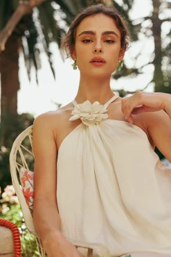 Current Air Sleeveless Tops-Detachable Rosette Halter Top PEARL