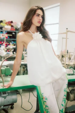 Current Air Sleeveless Tops-Detachable Rosette Halter Top PEARL