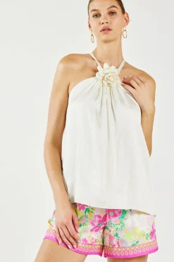 Current Air Sleeveless Tops-Detachable Rosette Halter Top PEARL