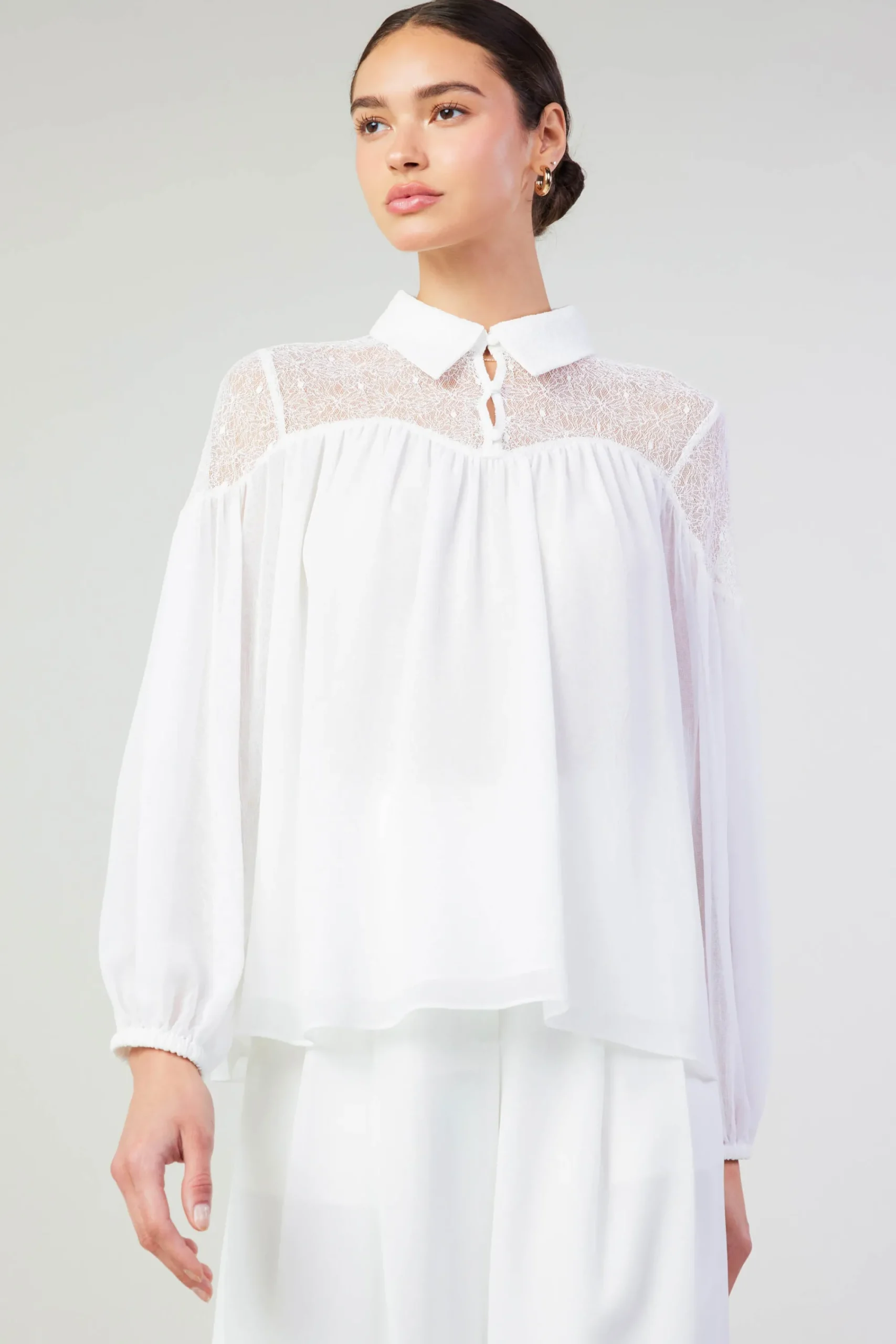 Current Air Long Sleeve Tops-Elyse Lace Yoke Blouse WHITE