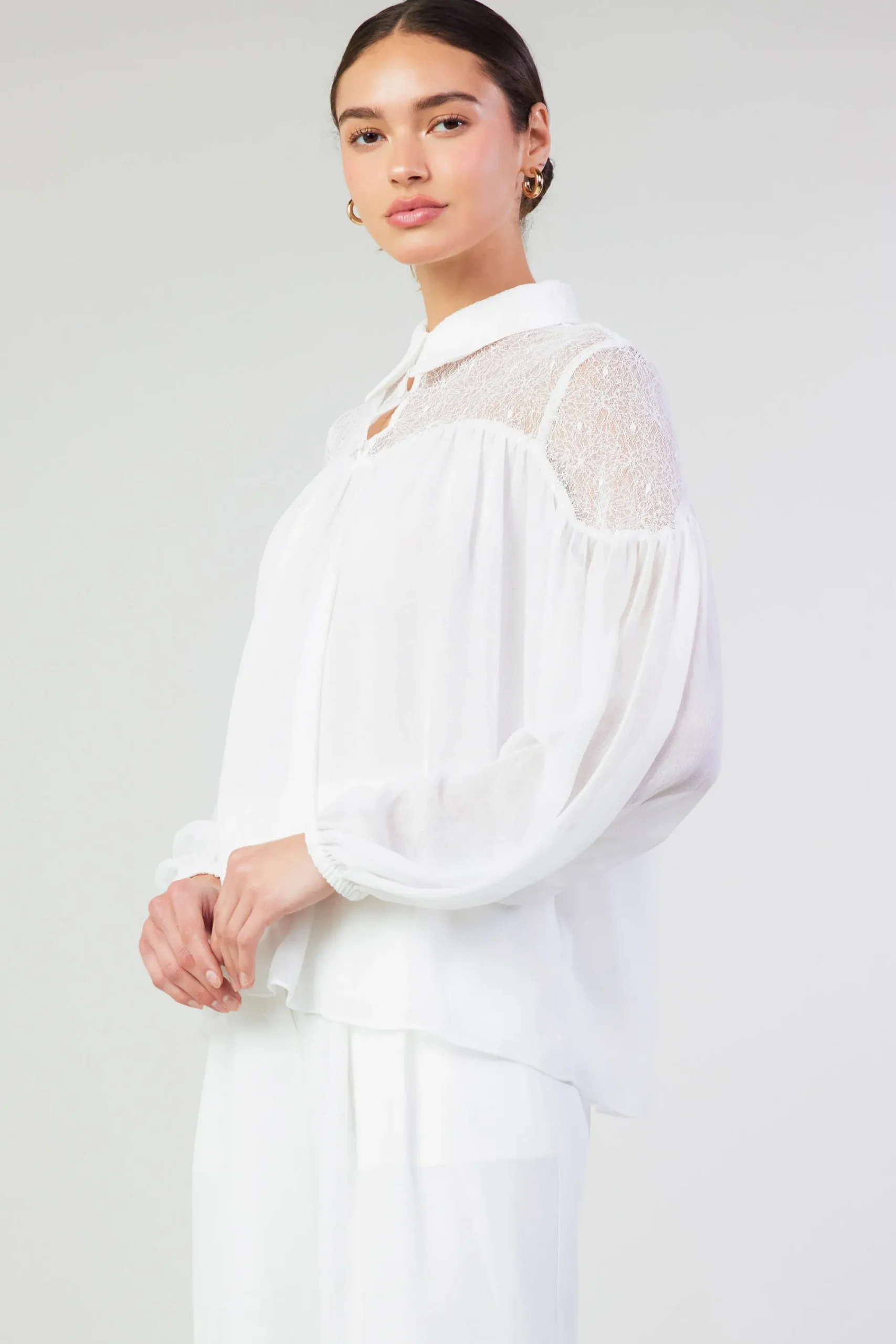 Current Air Long Sleeve Tops-Elyse Lace Yoke Blouse WHITE