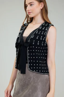 Current Air Cardigans-Embellished Cardigan Vest BLACK