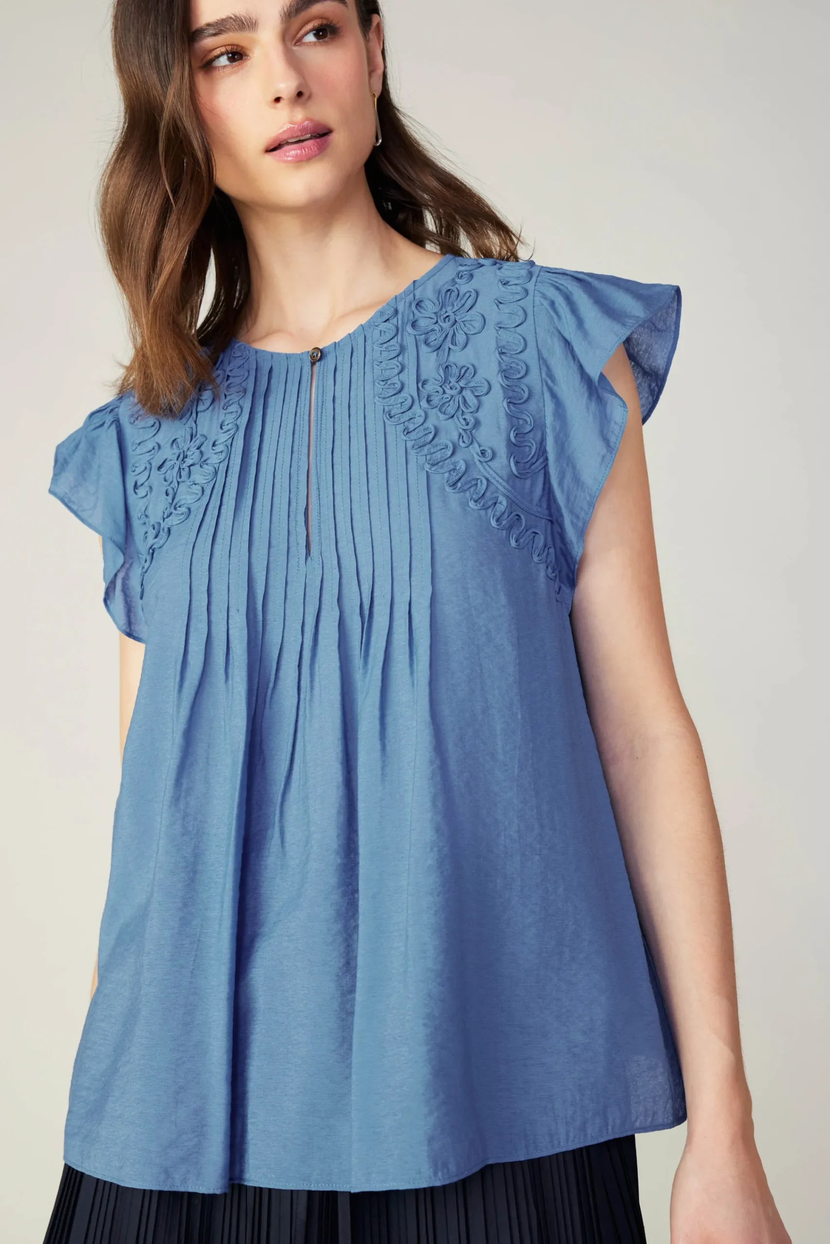 Current Air Sleeveless Tops | Short Sleeve Tops-Embroidered Cap Sleeve Top DENIMBLUE