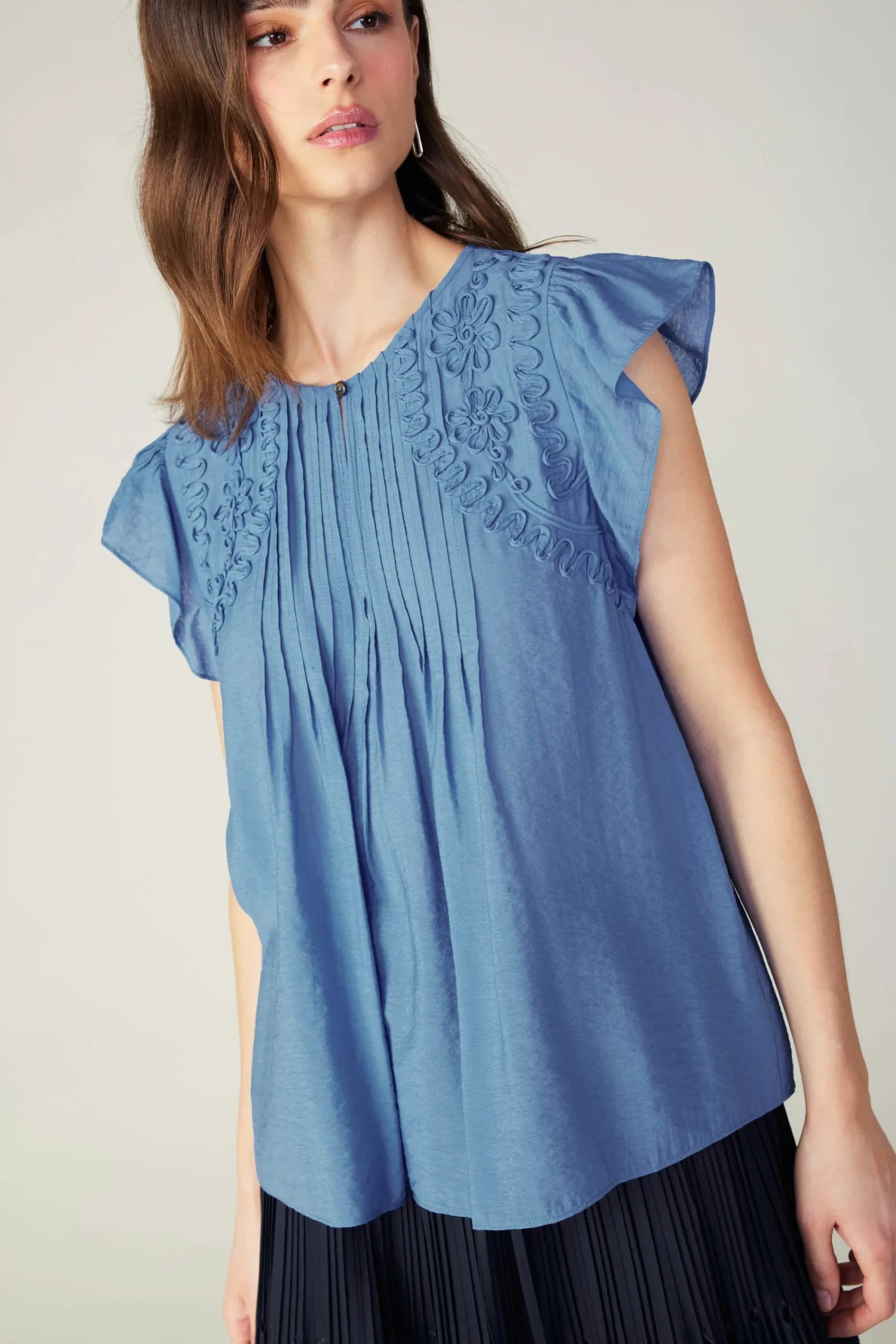 Current Air Sleeveless Tops | Short Sleeve Tops-Embroidered Cap Sleeve Top DENIMBLUE