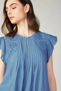 Current Air Sleeveless Tops | Short Sleeve Tops-Embroidered Cap Sleeve Top DENIMBLUE