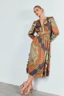 Current Air Midi Dresses-Emmaline Ruffled Midi Dress BROWNMLT