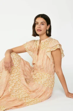 Current Air Midi Dresses-Everleigh Flutter Sleeve Midi Dress APRICOTMLT