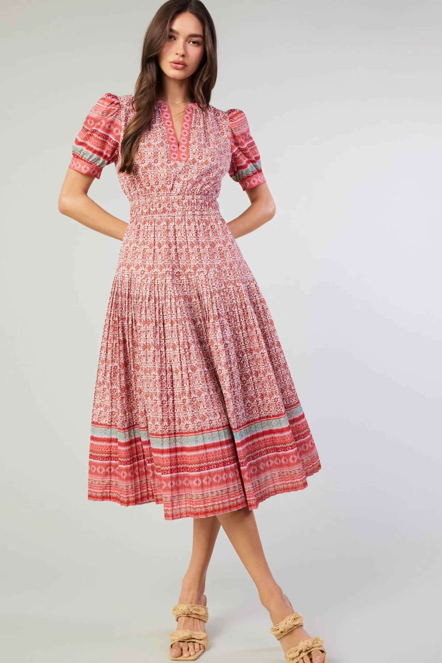 Current Air Midi Dresses-Floral Bohemian Midi Dress REDMLT
