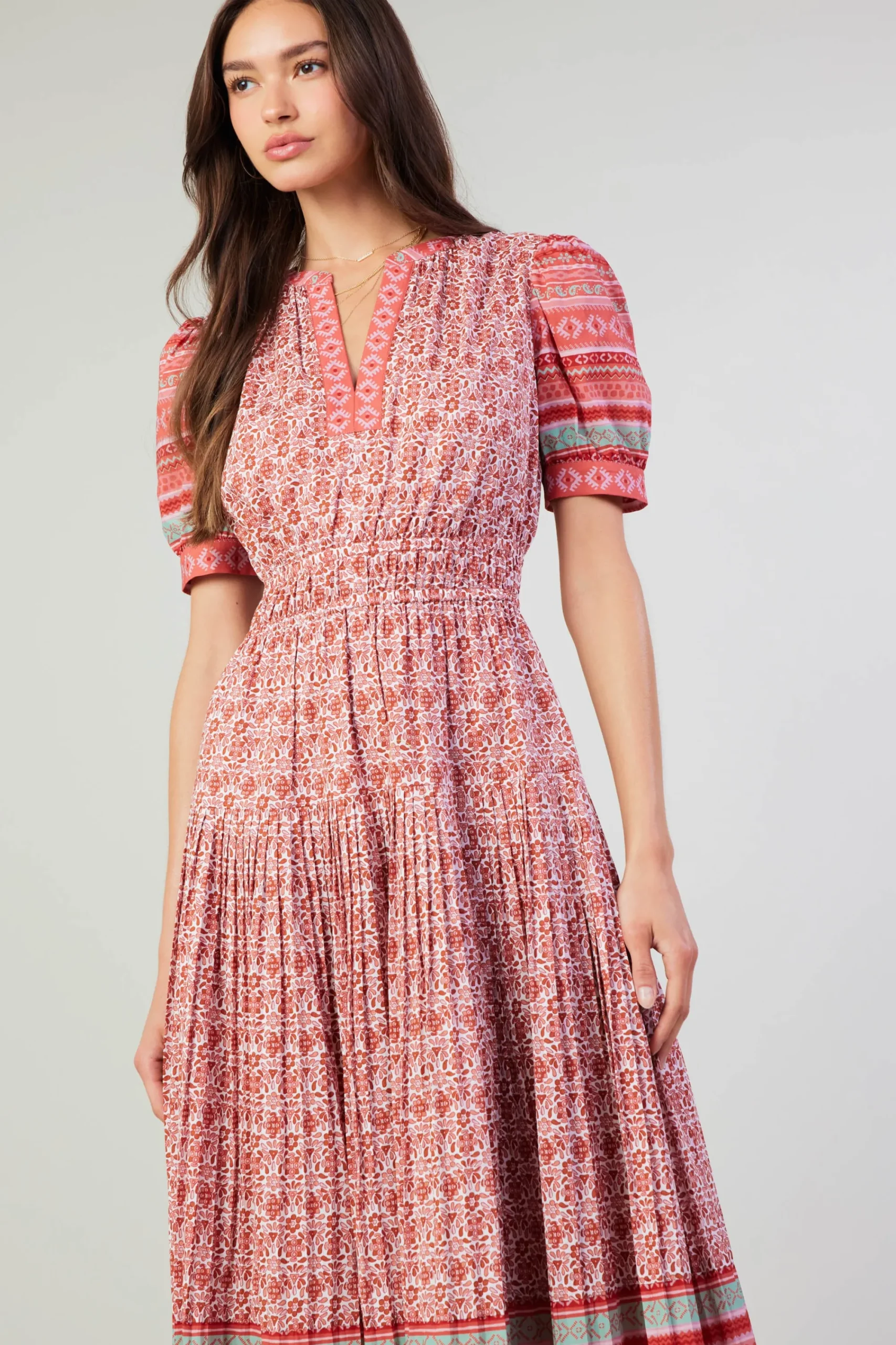 Current Air Midi Dresses-Floral Bohemian Midi Dress REDMLT