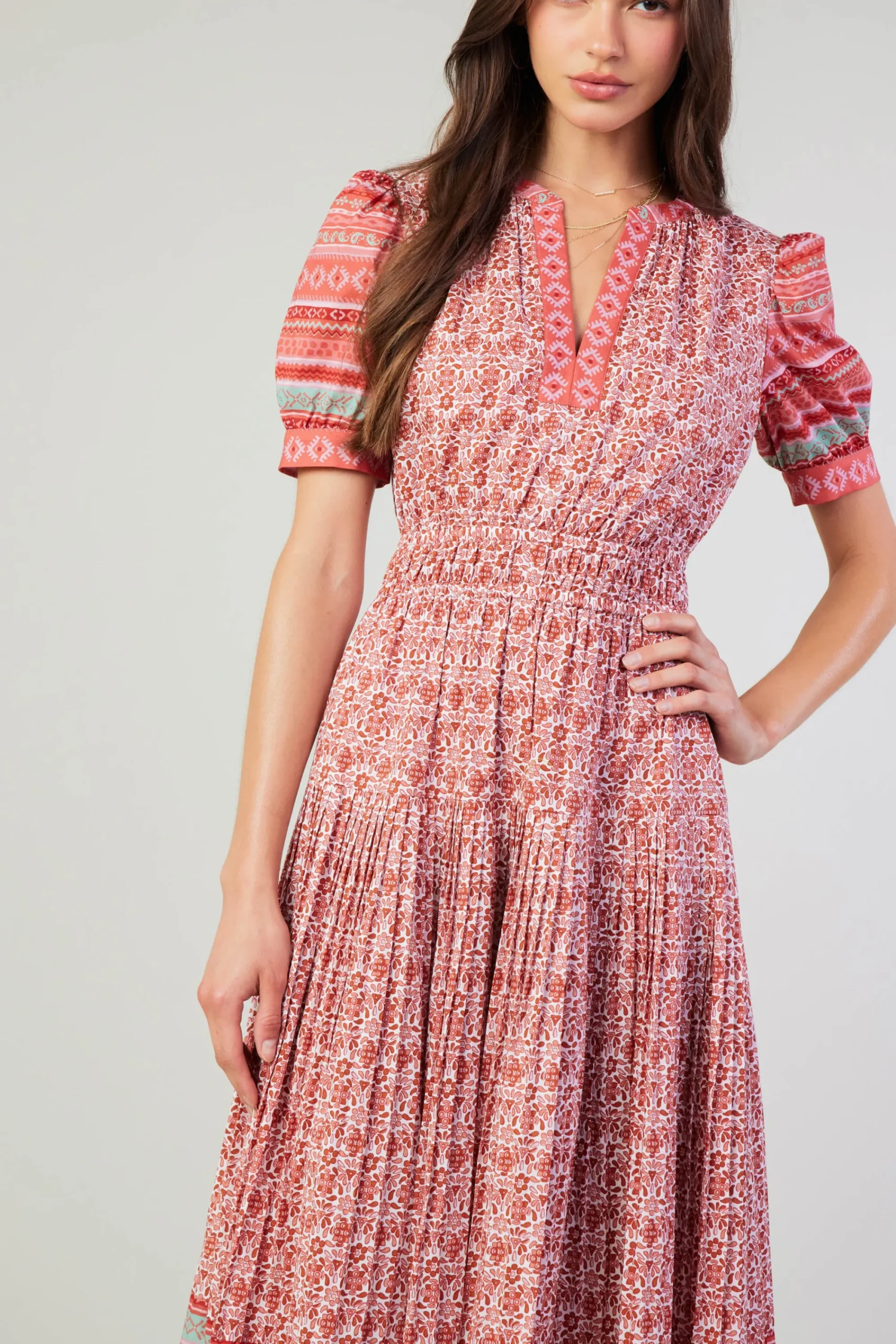 Current Air Midi Dresses-Floral Bohemian Midi Dress REDMLT
