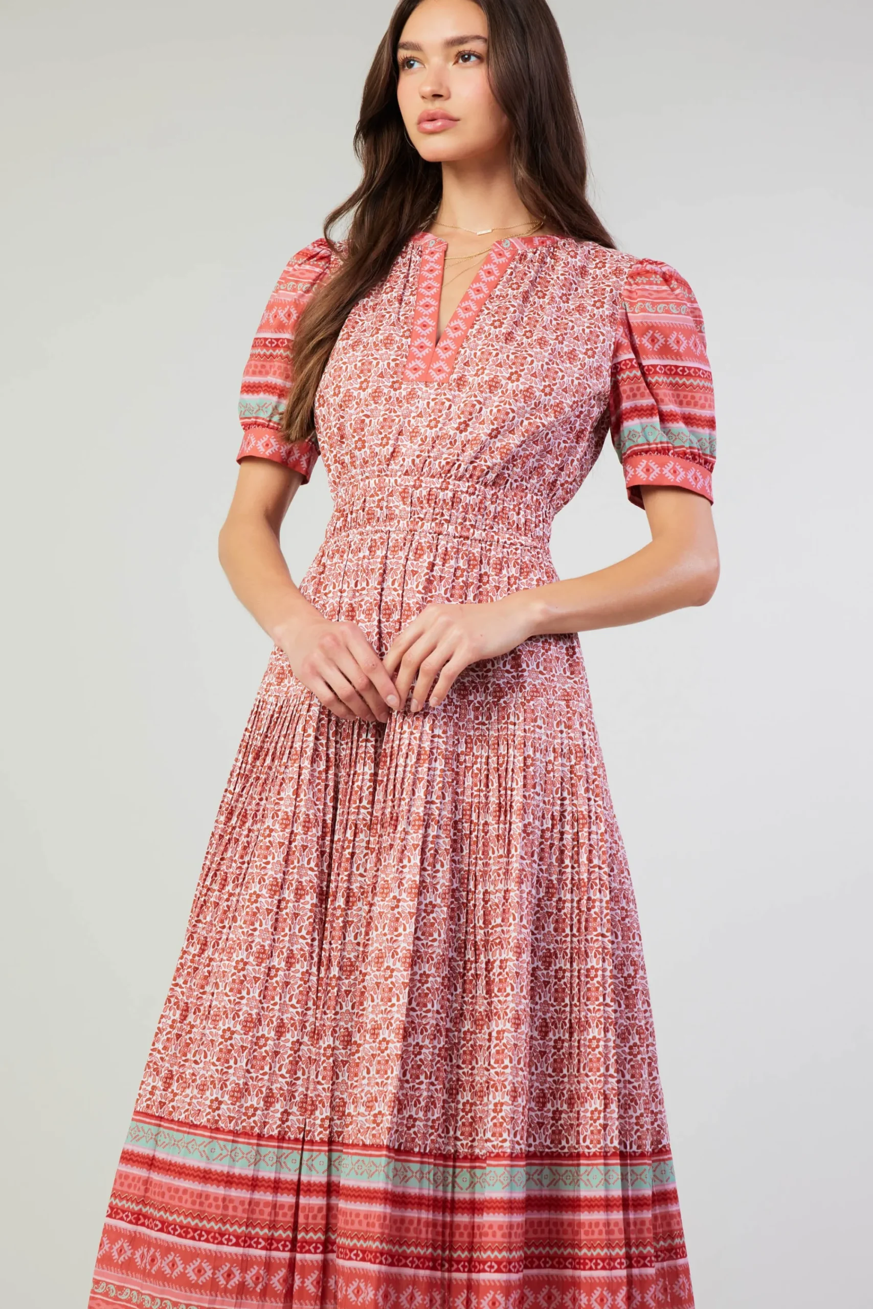 Current Air Midi Dresses-Floral Bohemian Midi Dress REDMLT