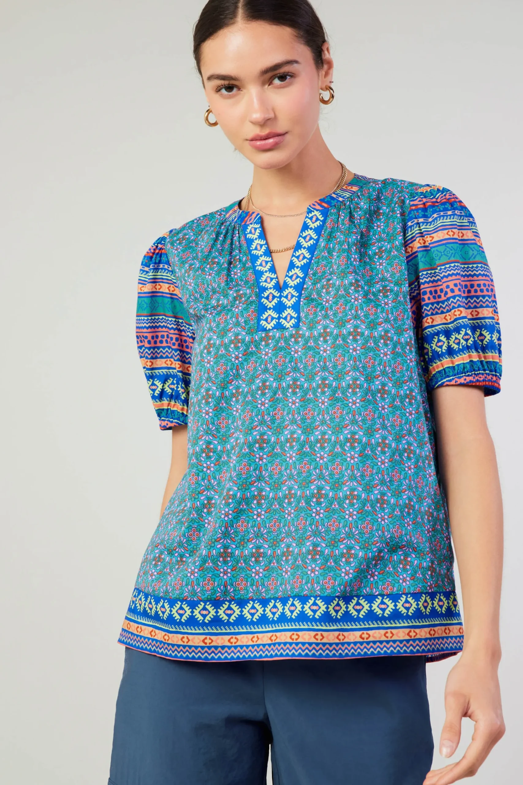 Current Air Short Sleeve Tops-Floral Bohemian Top BLUEMLT