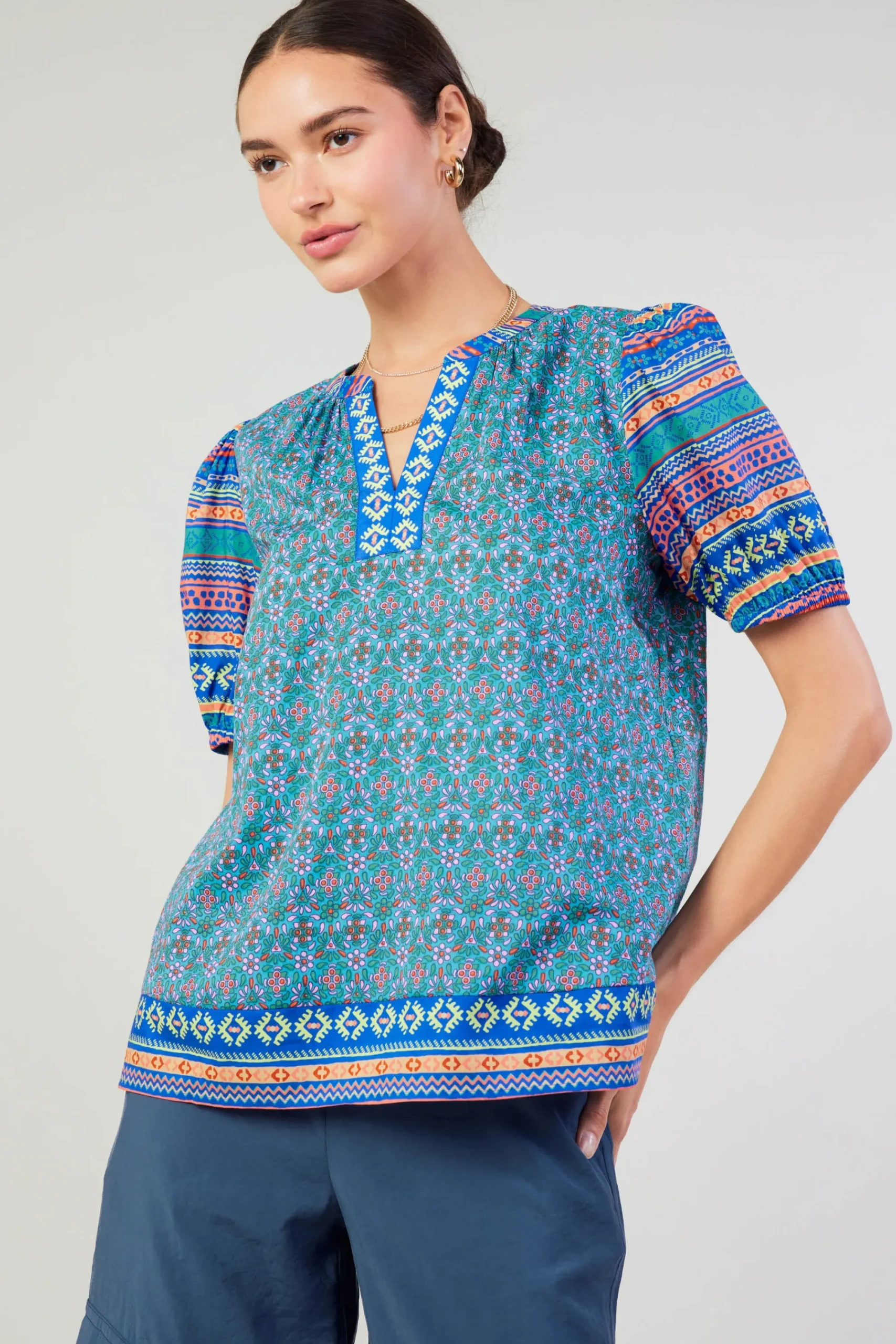 Current Air Short Sleeve Tops-Floral Bohemian Top BLUEMLT