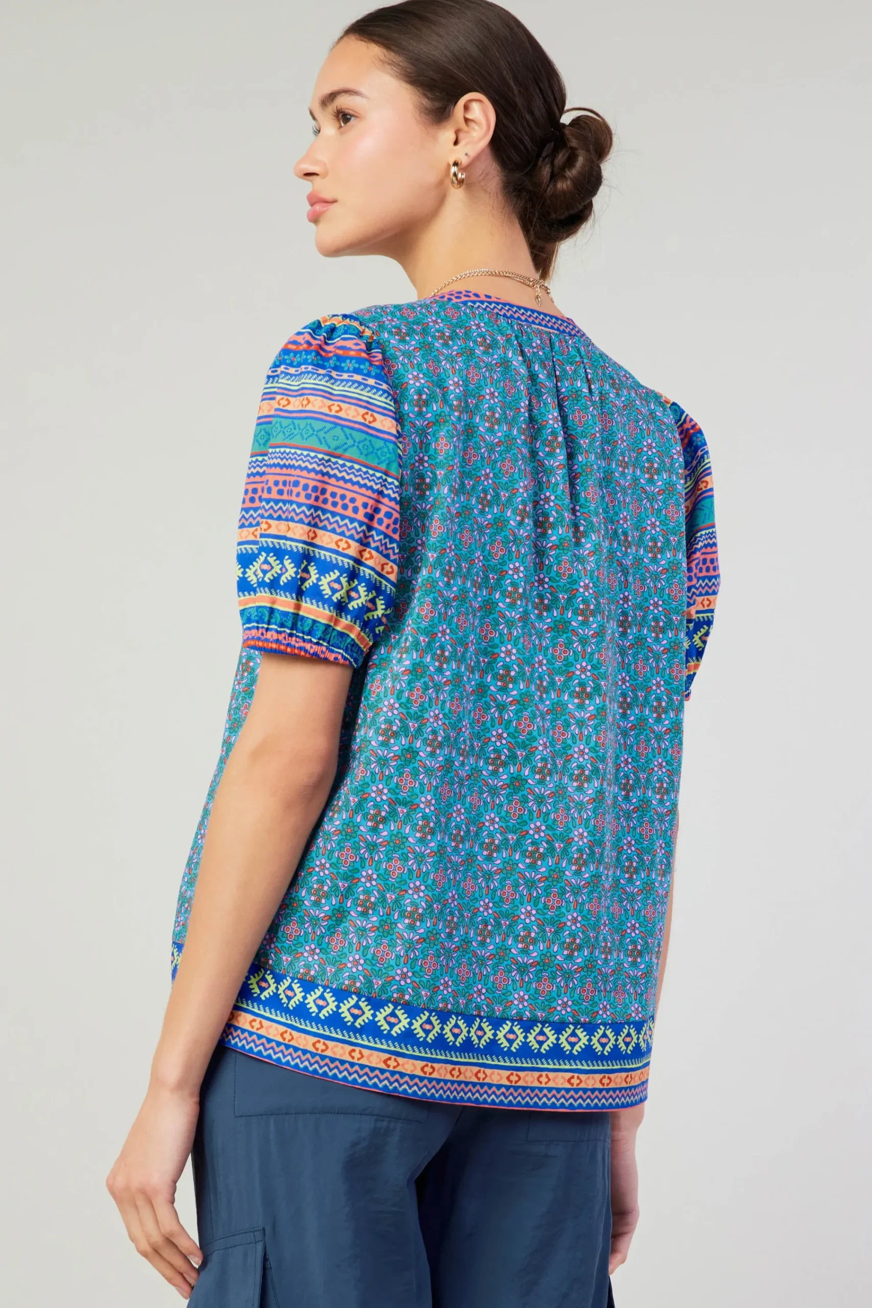 Current Air Short Sleeve Tops-Floral Bohemian Top BLUEMLT