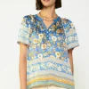 Current Air Short Sleeve Tops-Floral Border Print Blouse BLUESAND