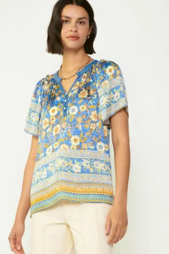 Current Air Short Sleeve Tops-Floral Border Print Blouse BLUESAND