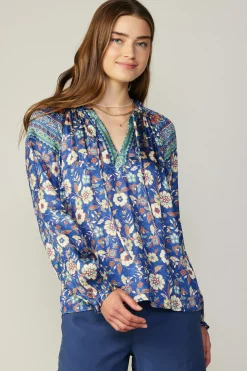 Current Air Long Sleeve Tops-Floral Border Print Blouse NAVYFLORALMLT