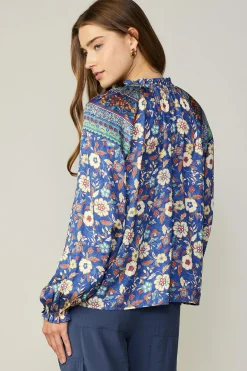 Current Air Long Sleeve Tops-Floral Border Print Blouse NAVYFLORALMLT