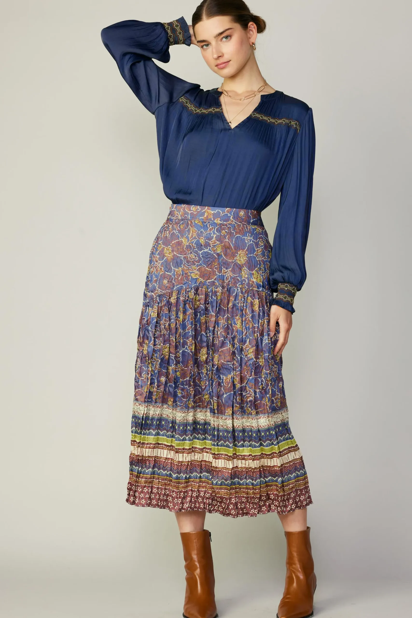Current Air Skirts-Floral Border Print Midi Skirt BLUEBROWNMLT