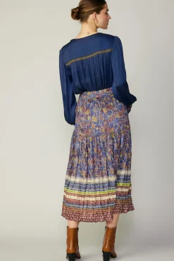 Current Air Skirts-Floral Border Print Midi Skirt BLUEBROWNMLT
