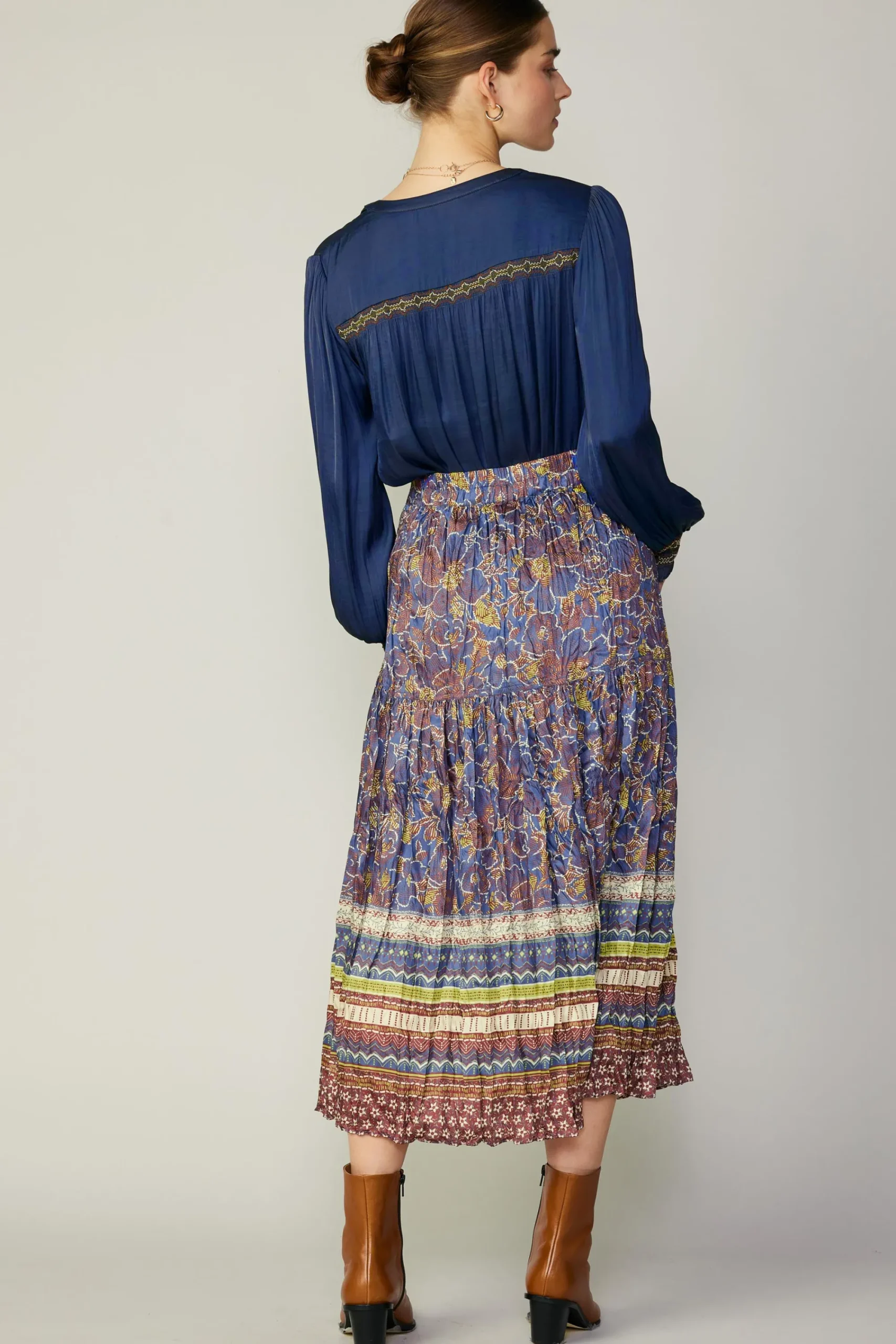 Current Air Skirts-Floral Border Print Midi Skirt BLUEBROWNMLT