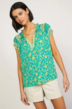 Current Air Sleeveless Tops | Short Sleeve Tops-Floral Border Print Top GREENYELLOWFLORAL