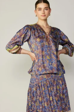 Current Air Long Sleeve Tops-Floral Border Print Top BLUEBROWNMLT