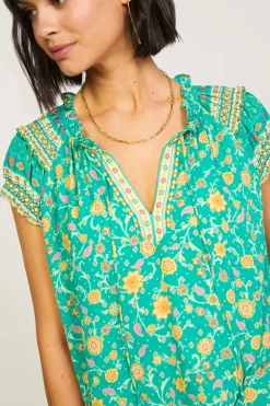 Current Air Sleeveless Tops | Short Sleeve Tops-Floral Border Print Top GREENYELLOWFLORAL