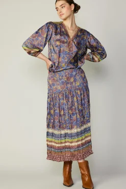 Current Air Long Sleeve Tops-Floral Border Print Top BLUEBROWNMLT
