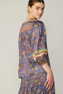 Current Air Long Sleeve Tops-Floral Border Print Top BLUEBROWNMLT