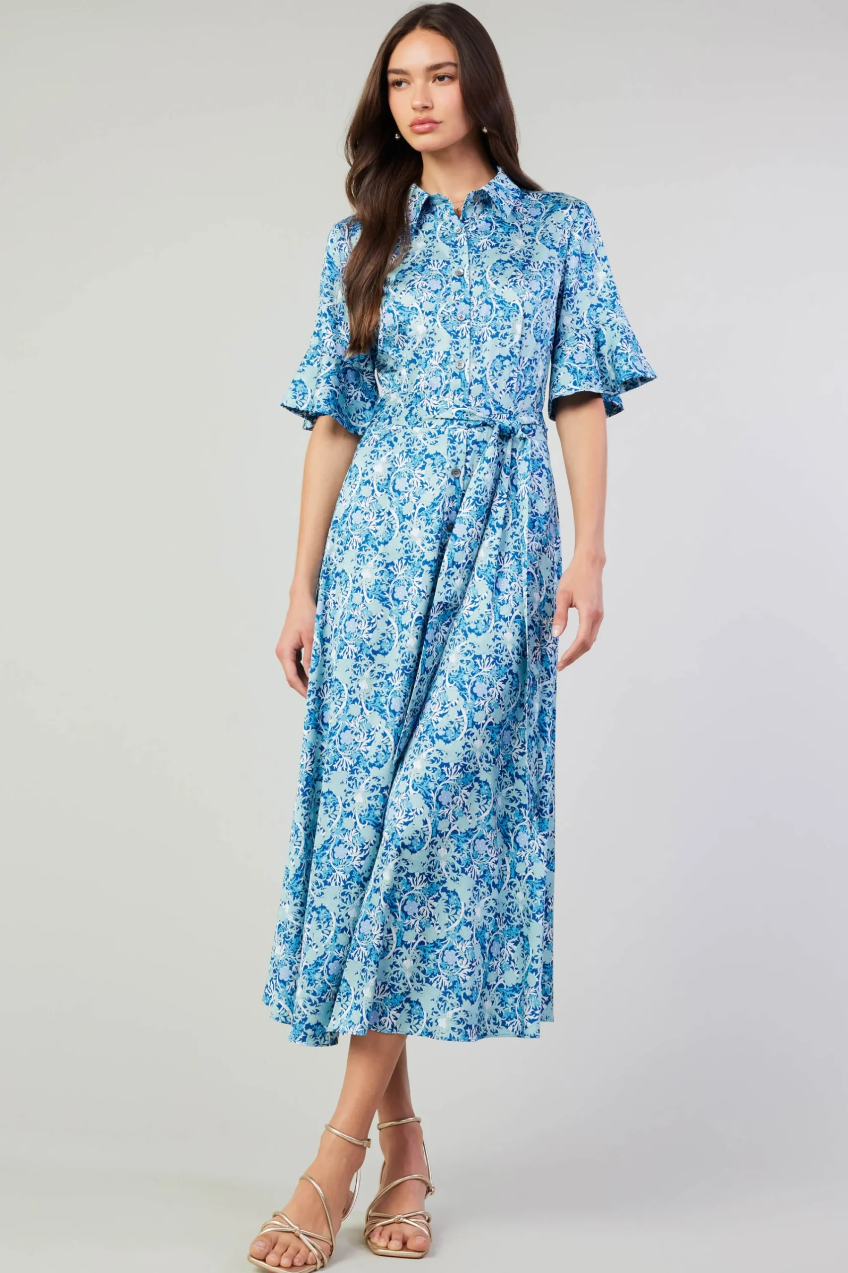 Current Air Midi Dresses-Floral Buttondown Shirt Dress BLUEMLT