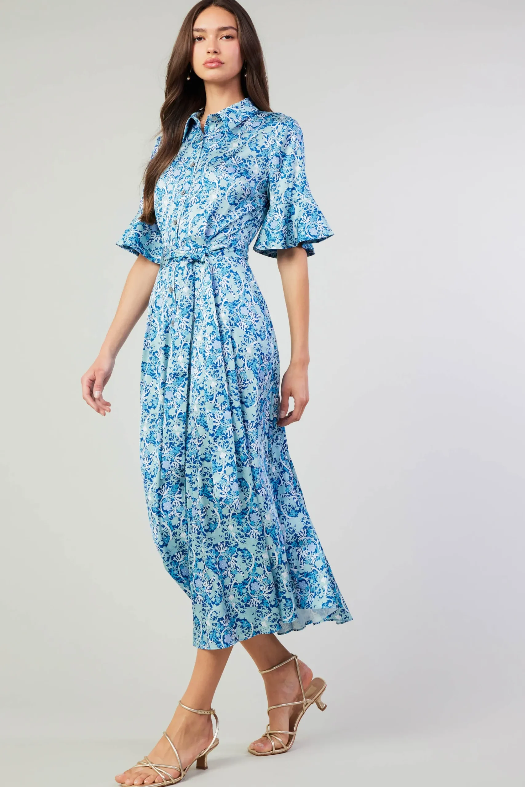 Current Air Midi Dresses-Floral Buttondown Shirt Dress BLUEMLT