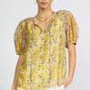 Current Air Short Sleeve Tops-Floral Colorblock Split Neck Blouse MULTI