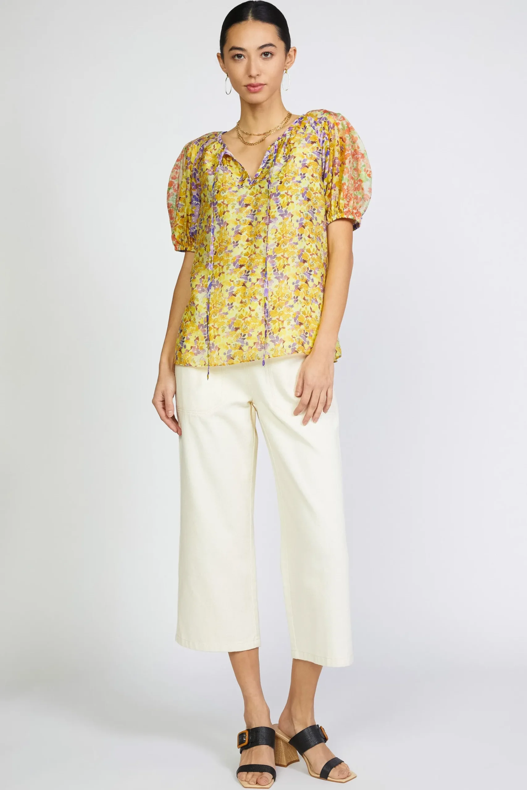 Current Air Short Sleeve Tops-Floral Colorblock Split Neck Blouse MULTI