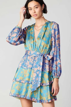 Current Air Mini Dresses-Floral Colorblock Surplice Mini Dress BLUEMULTIFLORAL