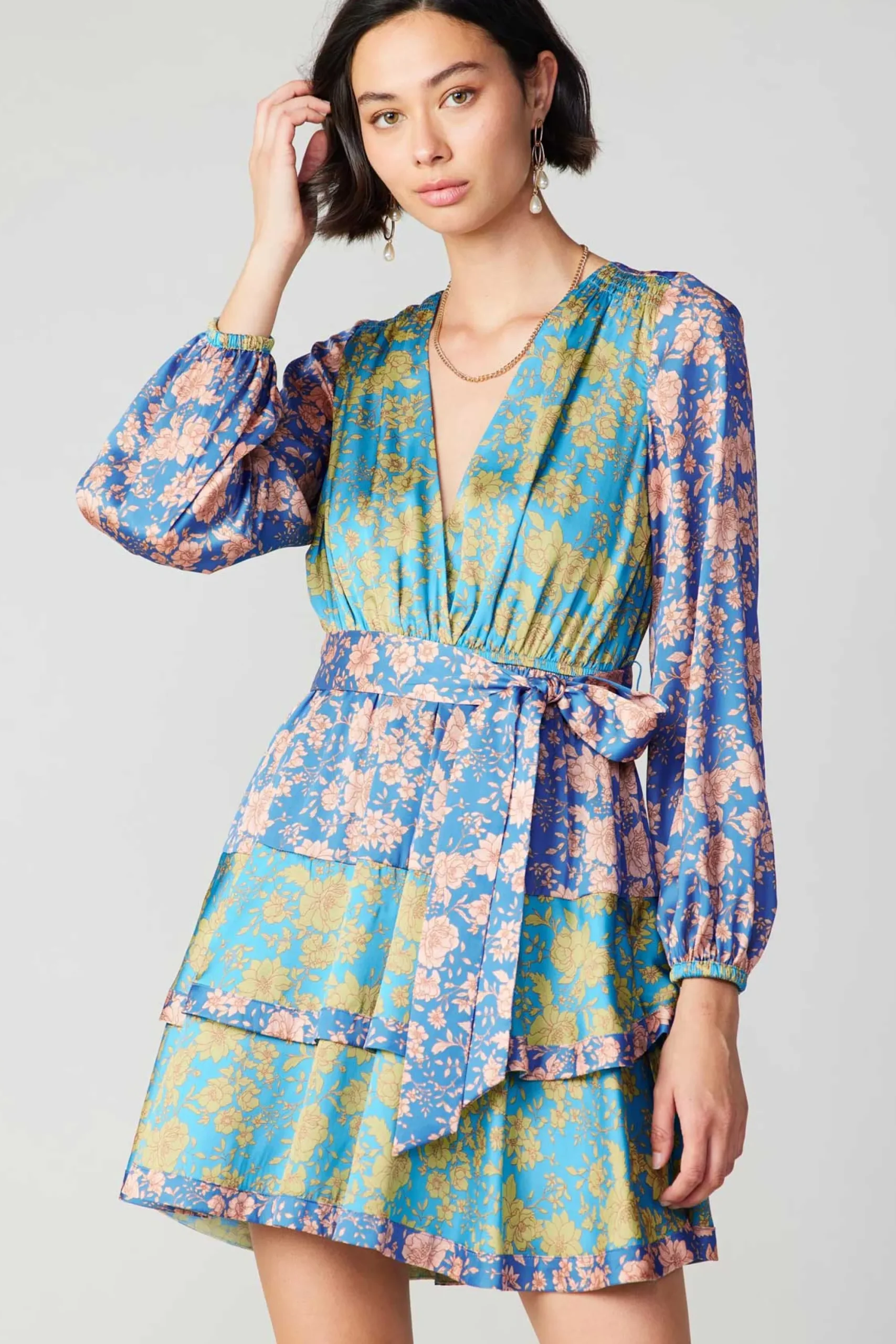 Current Air Mini Dresses-Floral Colorblock Surplice Mini Dress BLUEMULTIFLORAL