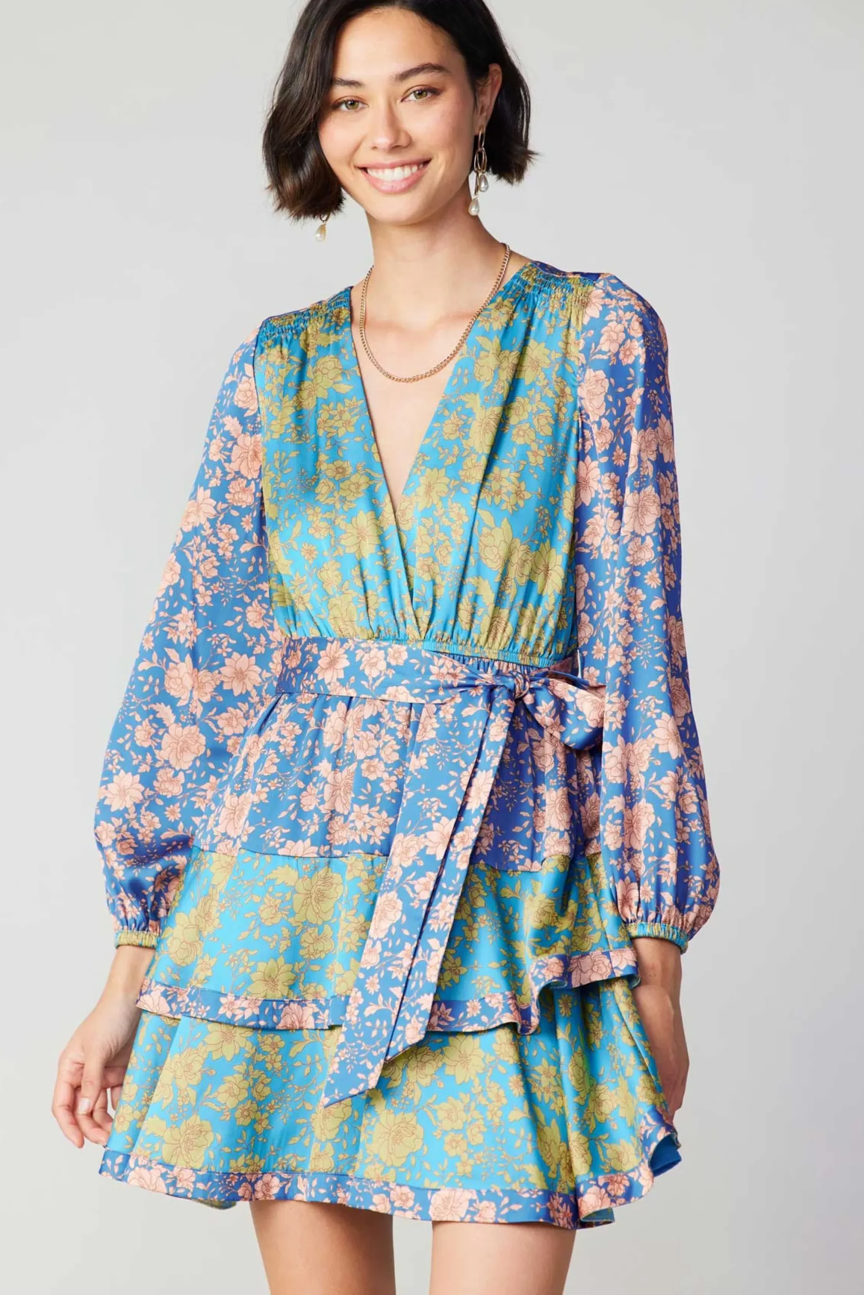 Current Air Mini Dresses-Floral Colorblock Surplice Mini Dress BLUEMULTIFLORAL