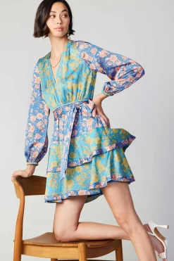 Current Air Mini Dresses-Floral Colorblock Surplice Mini Dress BLUEMULTIFLORAL