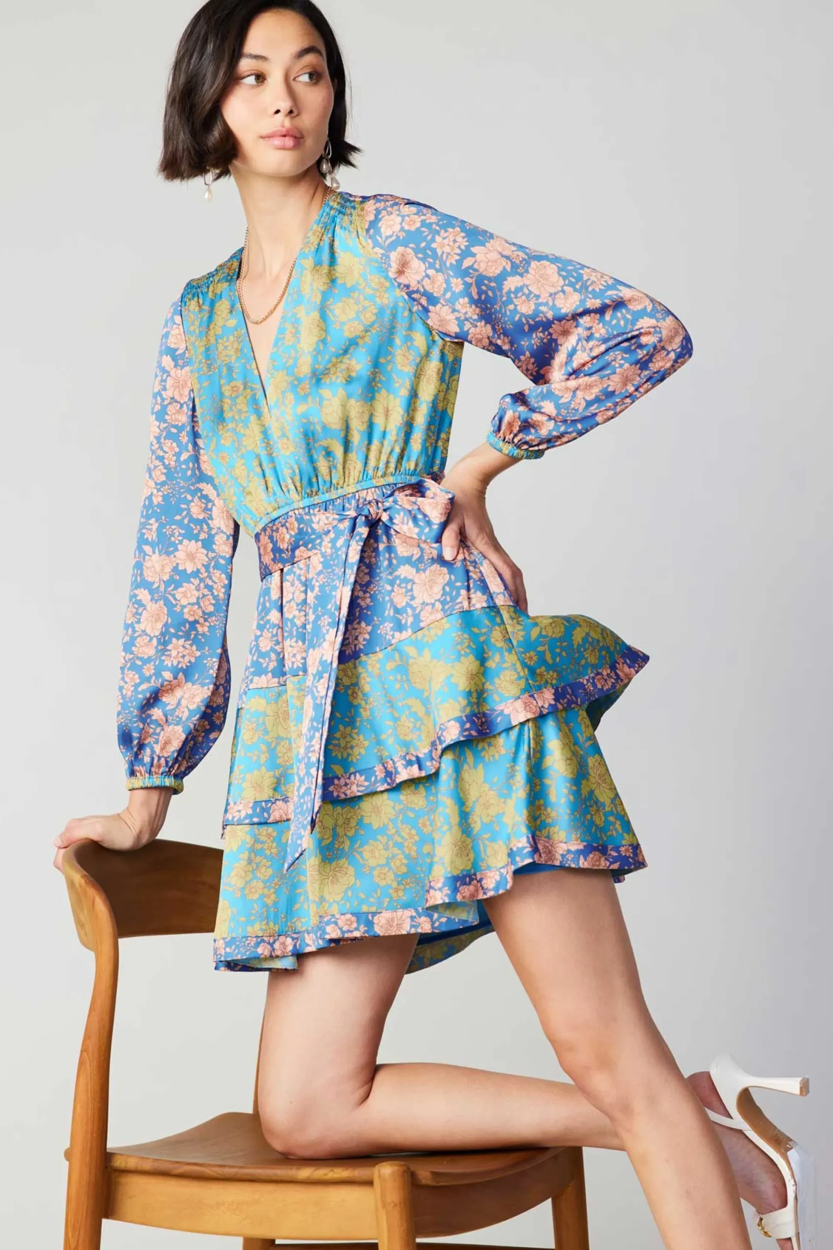 Current Air Mini Dresses-Floral Colorblock Surplice Mini Dress BLUEMULTIFLORAL