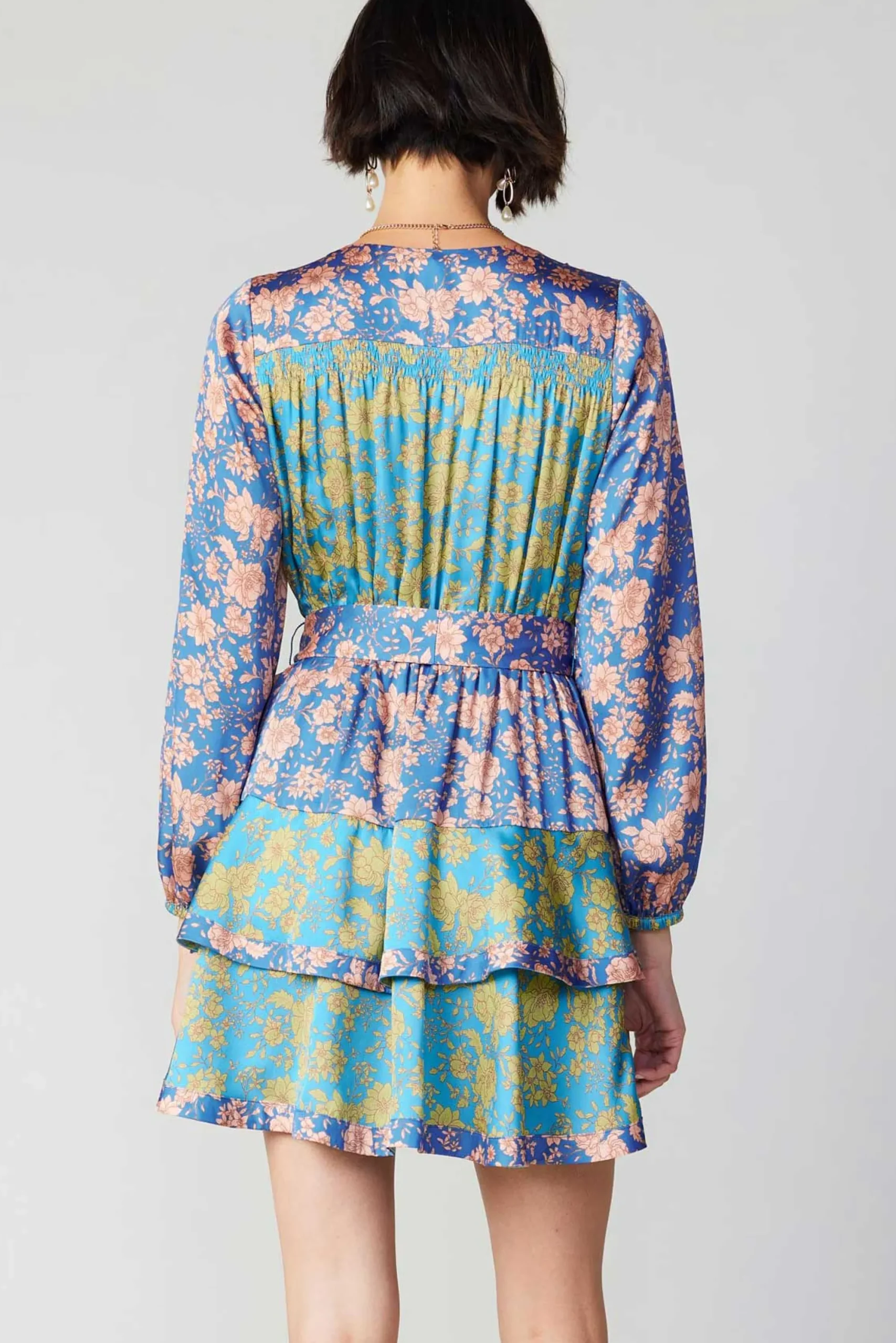 Current Air Mini Dresses-Floral Colorblock Surplice Mini Dress BLUEMULTIFLORAL