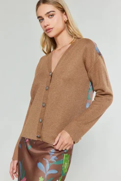 Current Air Knitwear | Cardigans-Floral Contrast Cardigan HAZELNUT