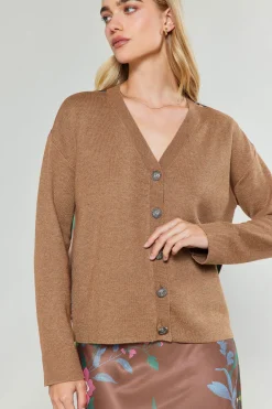 Current Air Knitwear | Cardigans-Floral Contrast Cardigan HAZELNUT