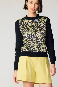 Current Air Knitwear | Long Sleeve Tops-Floral Contrast Panel Sweater BLACK