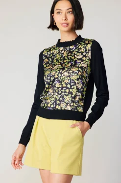 Current Air Knitwear | Long Sleeve Tops-Floral Contrast Panel Sweater BLACK