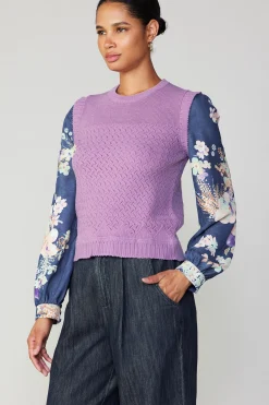 Current Air Long Sleeve Tops | Sweaters-Floral Contrast Sleeve Sweater Top LILAC