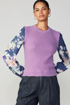 Current Air Long Sleeve Tops | Sweaters-Floral Contrast Sleeve Sweater Top LILAC