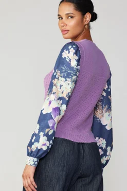 Current Air Long Sleeve Tops | Sweaters-Floral Contrast Sleeve Sweater Top LILAC