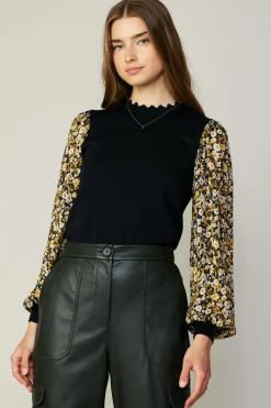 Current Air Long Sleeve Tops | Sweaters-Floral Contrast Sweater Top BLACKFLORAL
