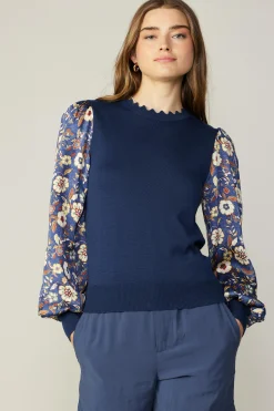 Current Air Long Sleeve Tops | Sweaters-Floral Contrast Sweater Top NAVYFLORAL